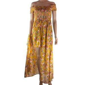 Xhilaration Jumpsuit Romper Shorts w Skirt Sz M Yellow Rose Floral Pattern NWT